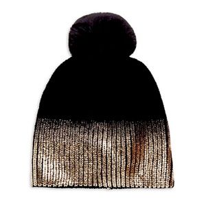 Jocelyn Faux Fur Pom Metallic Ombré Knit Hat new black / gold